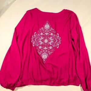 Ariat Embroidered Peasant Magenta Pink and Silver Long Sleeve Top womens Large